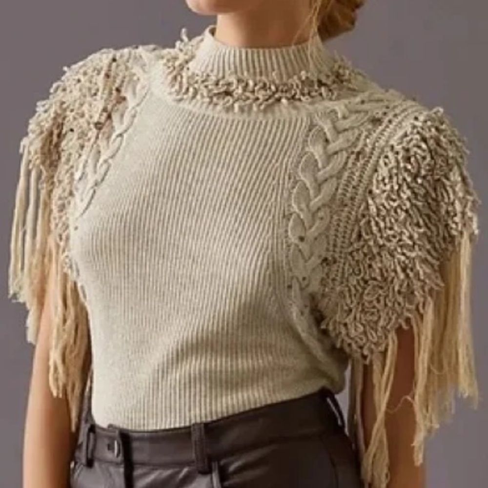 Anthropologie Fringe Sleeved Ivory Knit Blouse Top size Small - Picture 2 of 6
